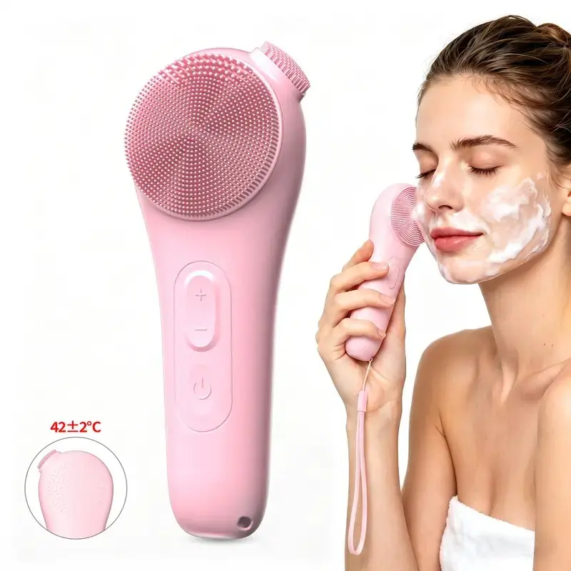 Facial Cleansing Brush, Rechargeable Silicone Face Scrubber with Nose Brush & Lanyard, Vibrating and Heating Facial Cleansing Massager, Deep Cleansing Waterproof Face Brush for Men and Women