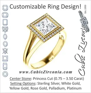 Cubic Zirconia Engagement Ring- The Blondie (Customizable Bezel-set Cathedral-style Princess Cut with Halo Style and V-Split Band)