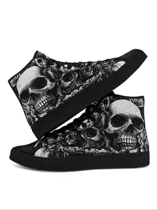 Men's Fashionable Skull Print Lace Up High Top Sneakers, Casual Comfortable Breathable Sports Shoes, Walking Shoes, Male All-match Round Toe Shoes for Daily Wear, Halloween