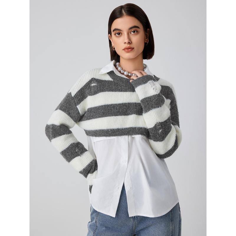 Cider [size 2-10] Round Neck Striped Ripped Knit Long Sleeve Crop Sweater