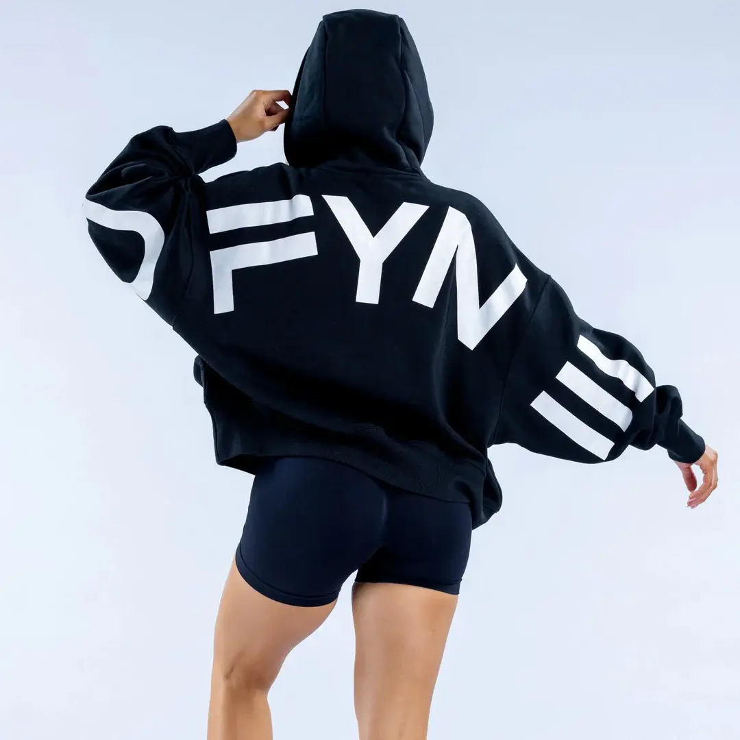 Dfyne Signature Hoodie - Women's Sports Hoodie with Boxy Fit Front Pocket Drawstring Hood Ribbed Cuff and Hem Small Logo Large Back Screen