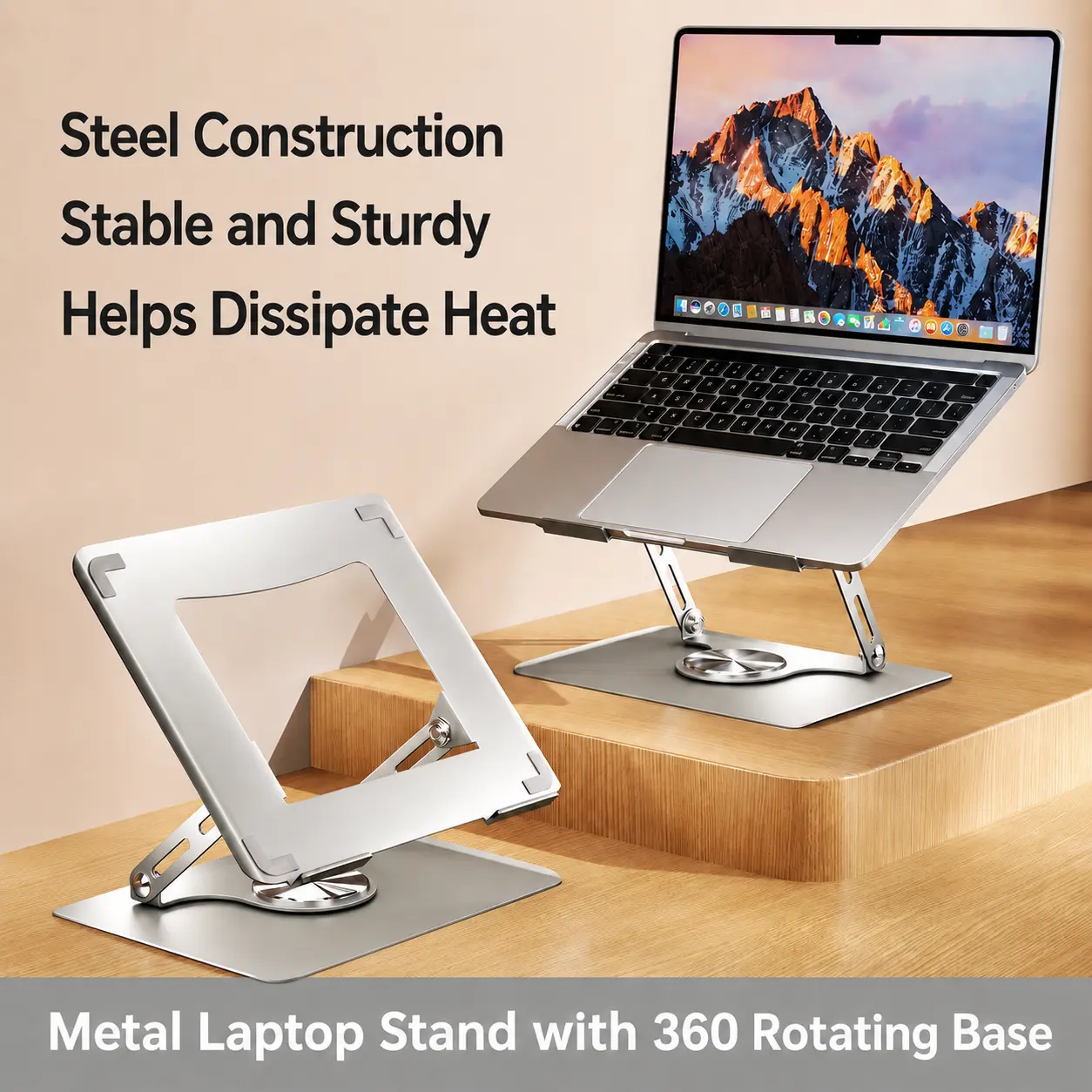 Bianyo Steel Ergonomic Desktop Laptop Holder - 360° Rotatable Base, Adjustable Riser, Multifunctional Portable Stand & Tray, Fits 15.6" Devices, Essential Office Accessories