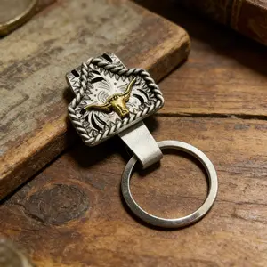 Handmade Cow Tag Belt Key Holder with Copper Initial – Custom Western Keychain, Texas-Inspired Fashion Accessory for Bags, Keys & Gifts perfect family men jewelry