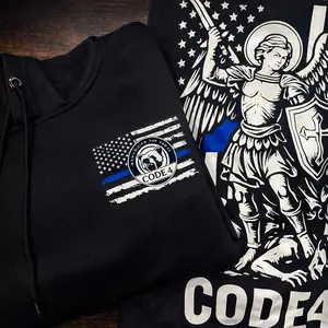 SGTO SARABIA St. Michael Archangel Code 4 Thin Blue Line Hoodie – Police Support Pullover Sweatshirt for Men Embroidered Swearshirt Longsleeves
