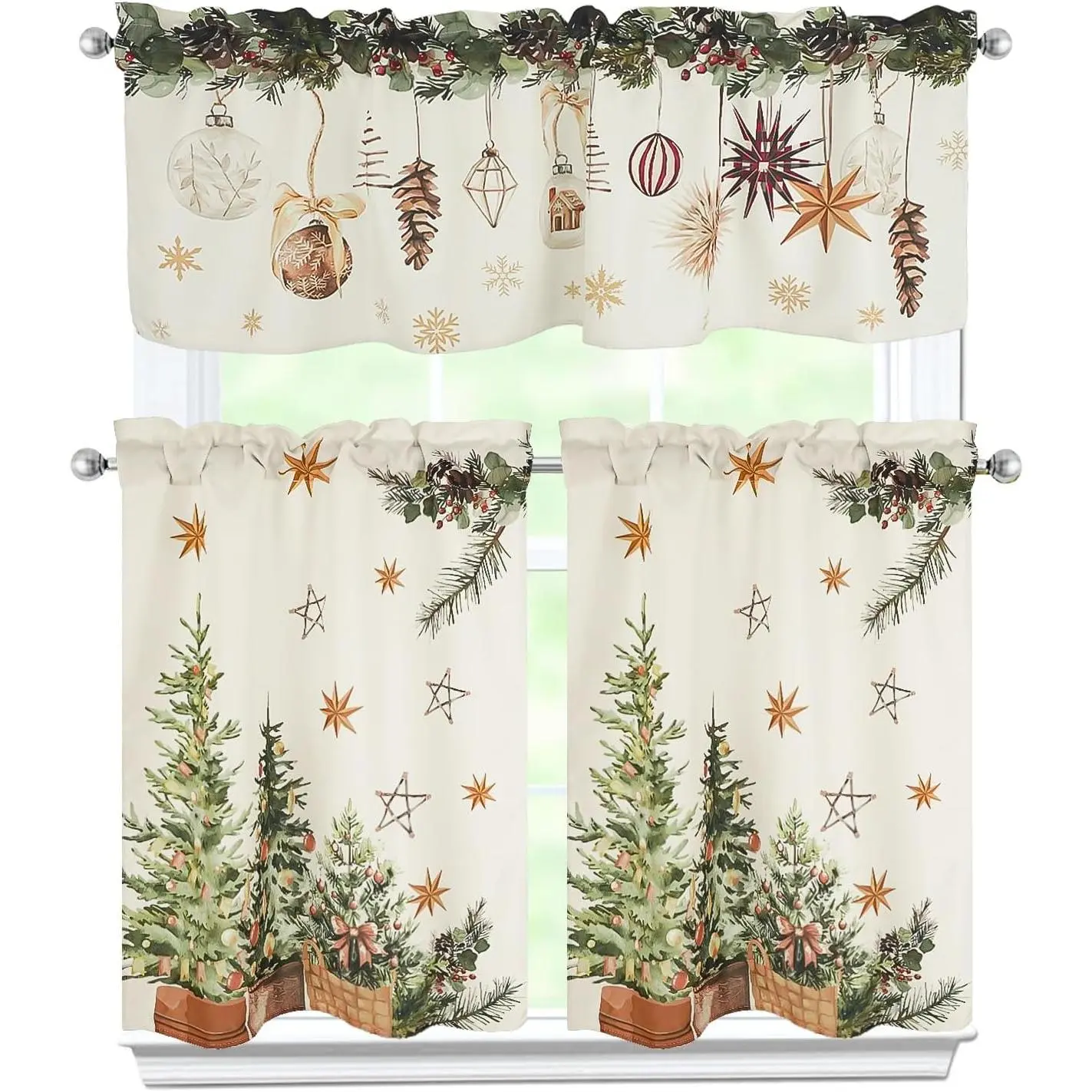 Christmas Kitchen Curtains 3 count Set Xmas Trees Holly Pine Curtains Valance & Tiers for Kitchen  Indoor Cafe 36 Inch Short Window Curtain Over Sink Window Winter Holiday Decor