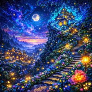 Enchanted Fairy Tale Castle Diamond Painting Kit, 5D Full Drill Mystic Moonlight Castle Art, DIY Cross Stitch Mosaic Craft, Whimsical Fantasy Floral Scene, Home Wall Decor, Magical Night Landscape Gift for Adults