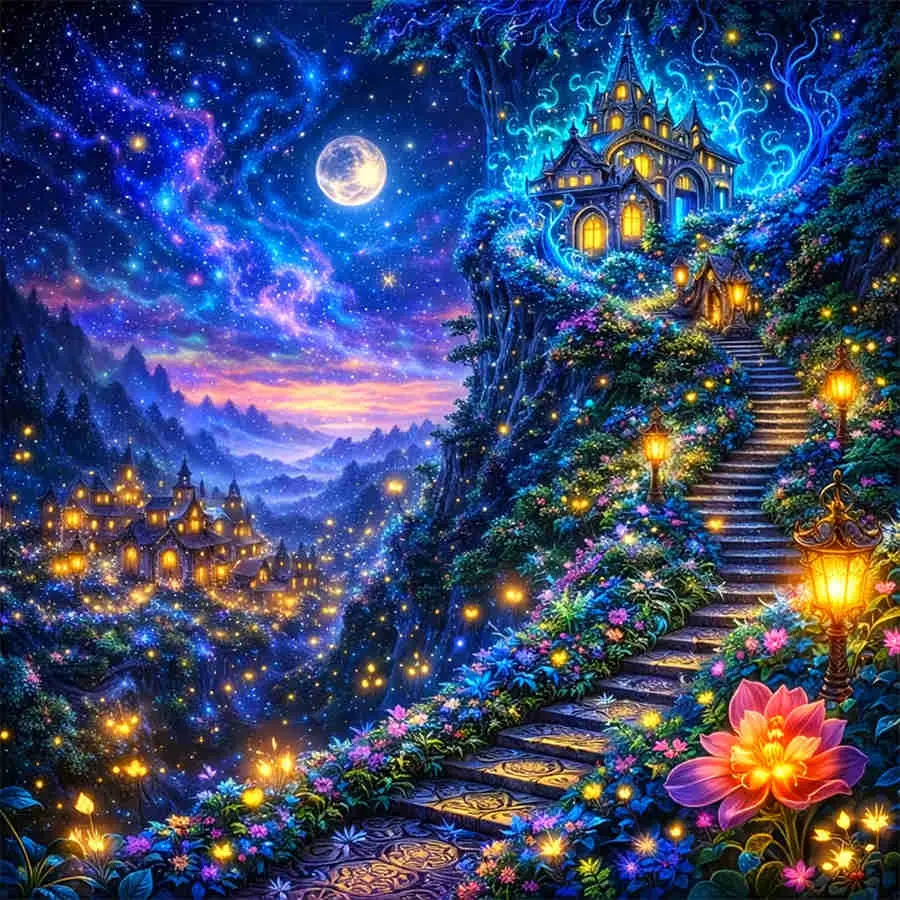 Enchanted Fairy Tale Castle Diamond Painting Kit, 5D Full Drill Mystic Moonlight Castle Art, DIY Cross Stitch Mosaic Craft, Whimsical Fantasy Floral Scene, Home Wall Decor, Magical Night Landscape Gift for Adults