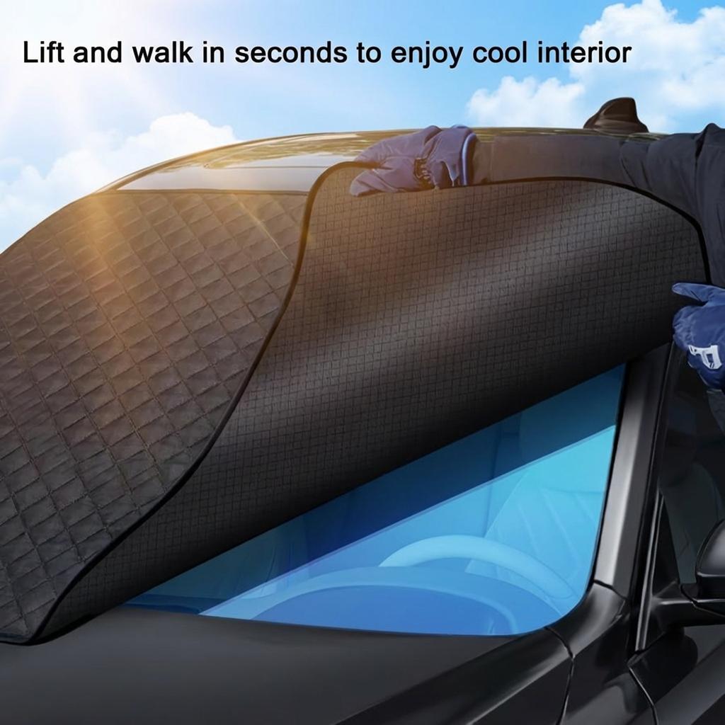 Windshield Cover with Straps Anti-Wind - Foldable All-Season Car Sunshade Protector, Reflective UV Heat Block Dustproof, Easy Install for Most Vehicles Durable Weatherproof