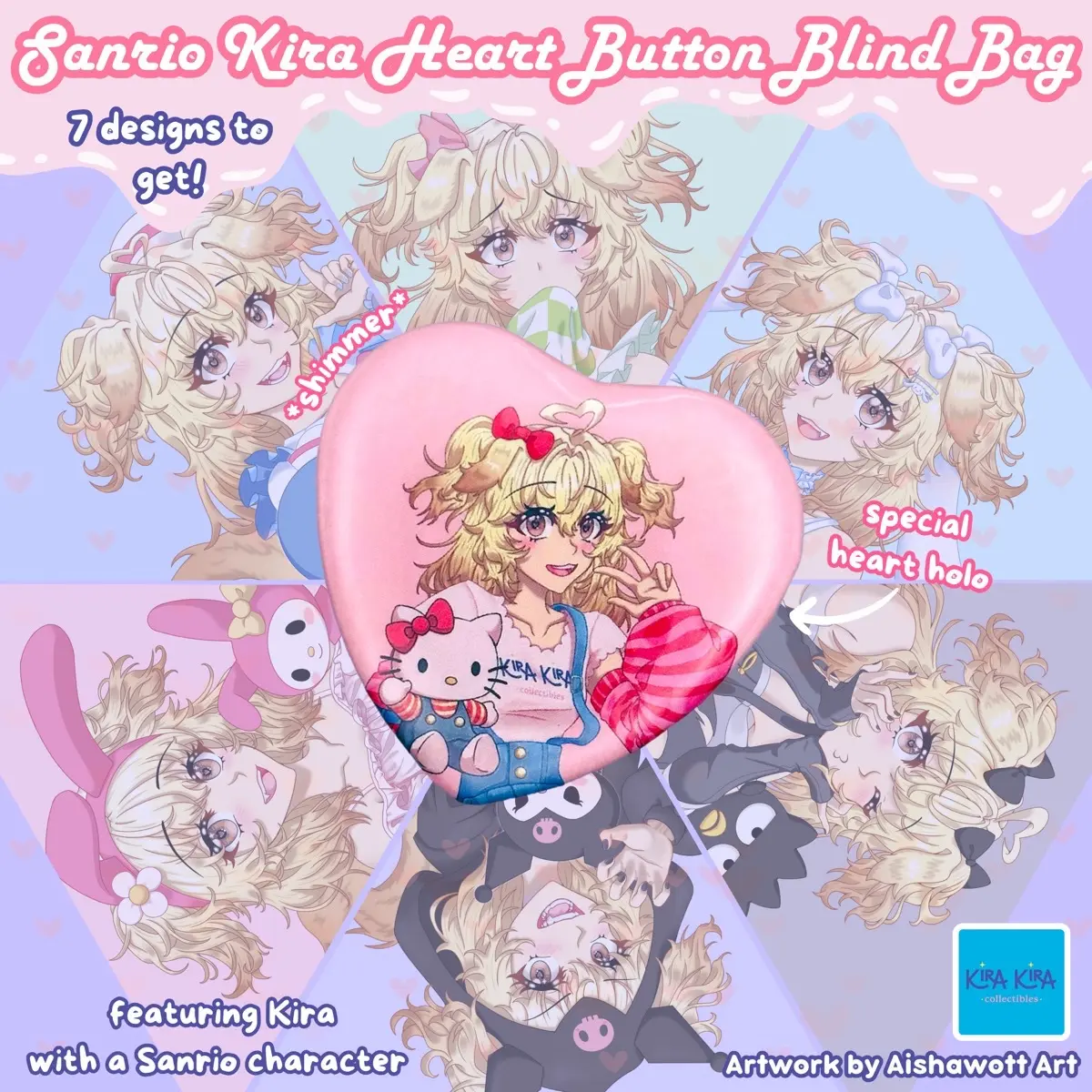 Kira Sanrio Girl Holographic Heart Button Pin