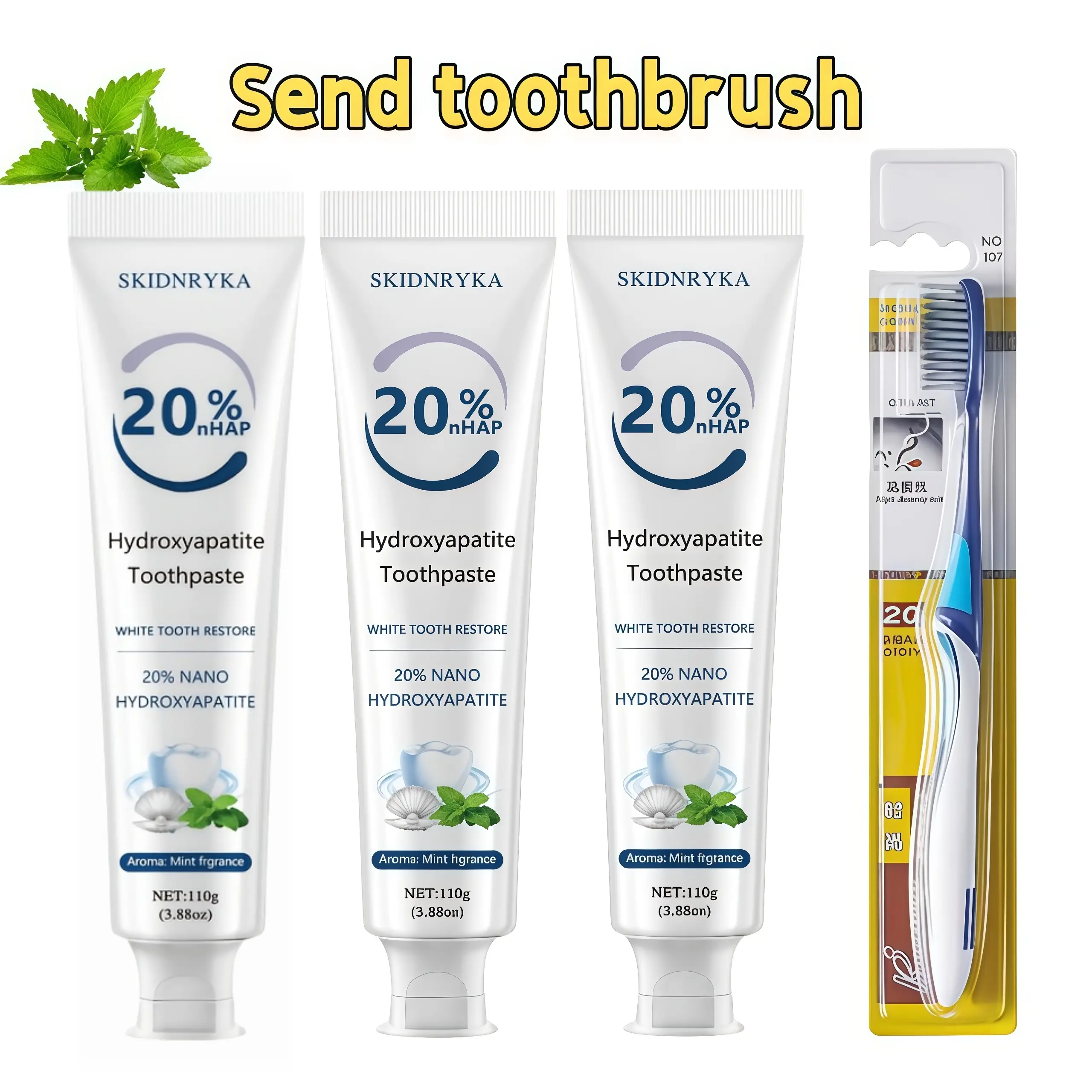 SKIDNRYKA 20% enzyme cleaning toothpaste, includes a toothbrush, for teeth whitening and fresh breath, deep cleansing and whitening, suitable for home and travel, an oral hygiene and health gift, essential for dental care.