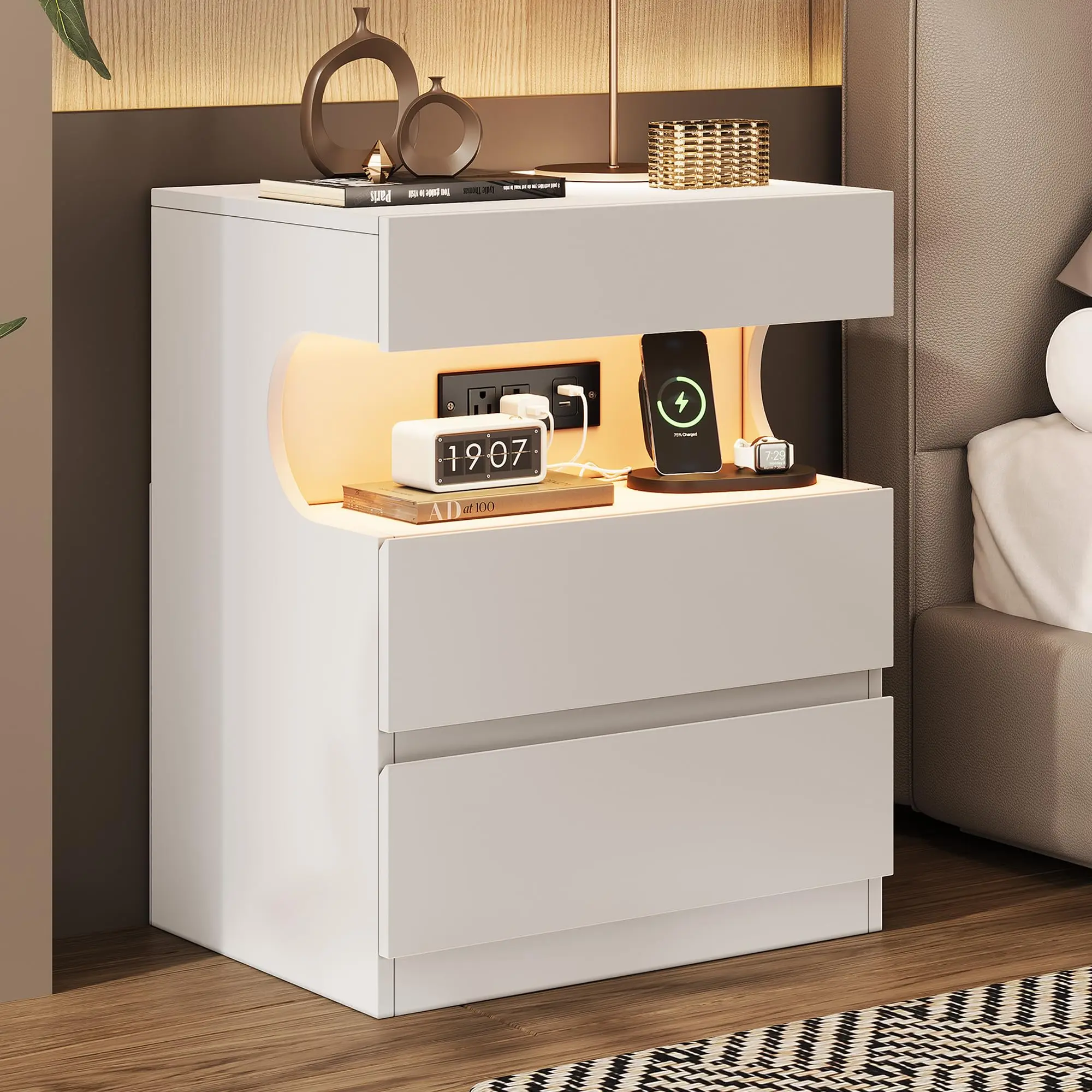 GARVEE White Nightstand with App-Controlled LED Light, Modern Bedroom Bedside Table with Charging Station, 3-Drawer End Table with USB Outlets, U-Shape Open Shelf