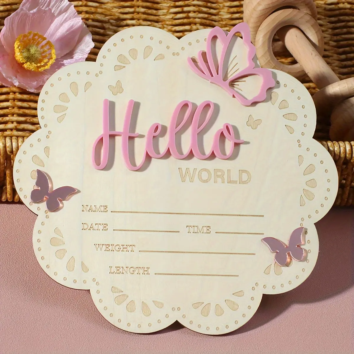 Handmade Wooden Decorative Welcome Sign for Newborns, Delicate Butterfly Floral Design, Home & Kitchen Decor, Baptism Gift, Milestone Keepsake, Personalized Decoration, Flower, Wooden Letter Sign, Decorative Plaque, Home Decor Products