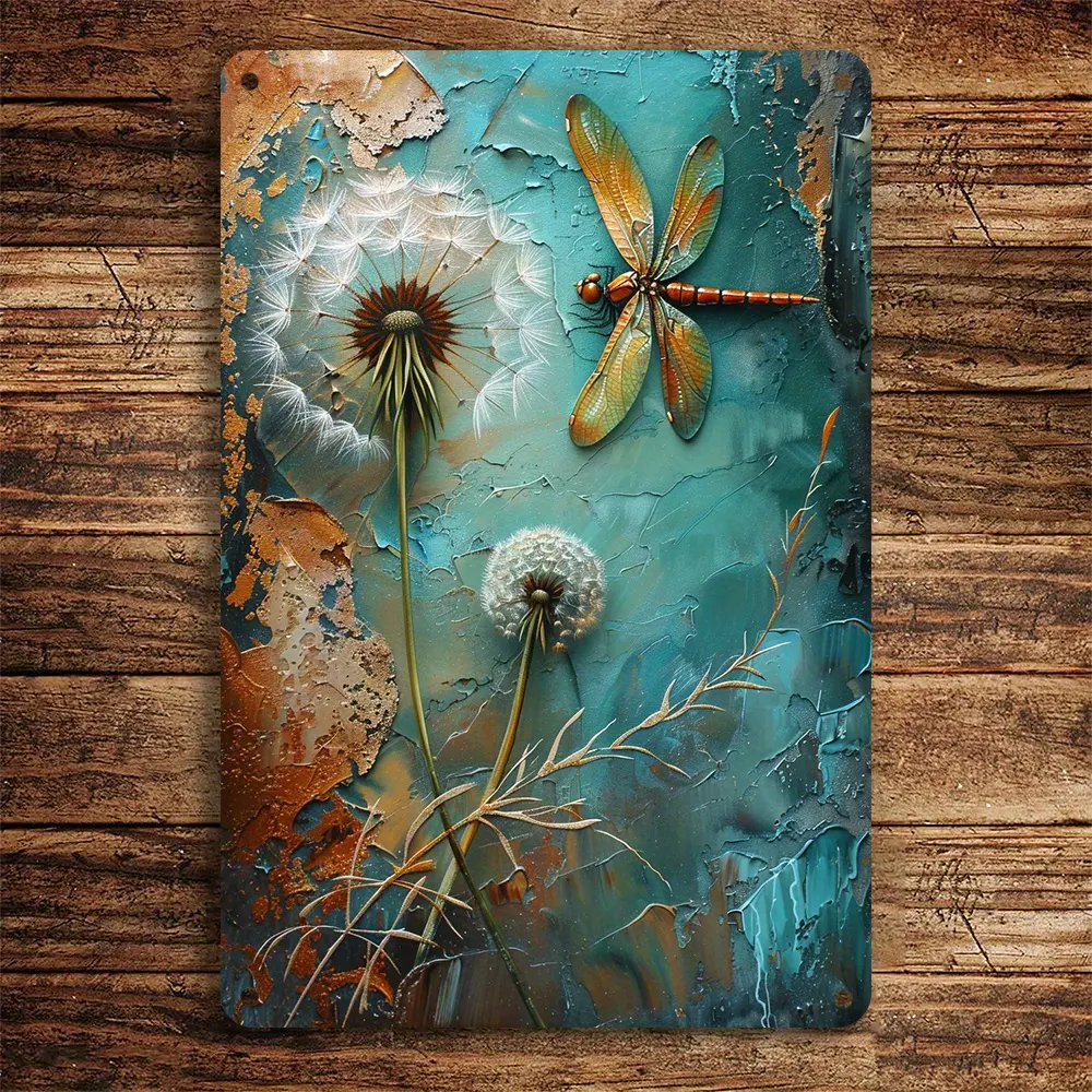 RoomDecor,RetroMetalTinLabelDandelionandDragonflyTinLabelRetroPlaqueDecoration,WallArtDecoration,AluminumMetalTin Label,Indoor/OutdoorDecoration(8x12inches/20*30cm)