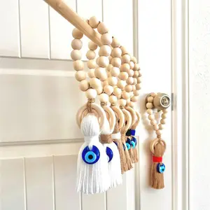 Wooden Bead Door Handle Hanging Ornament, Yarn Fringe Car Rearview Mirror Decor, Blue Eye Wall Decoration Keychain Accessory
