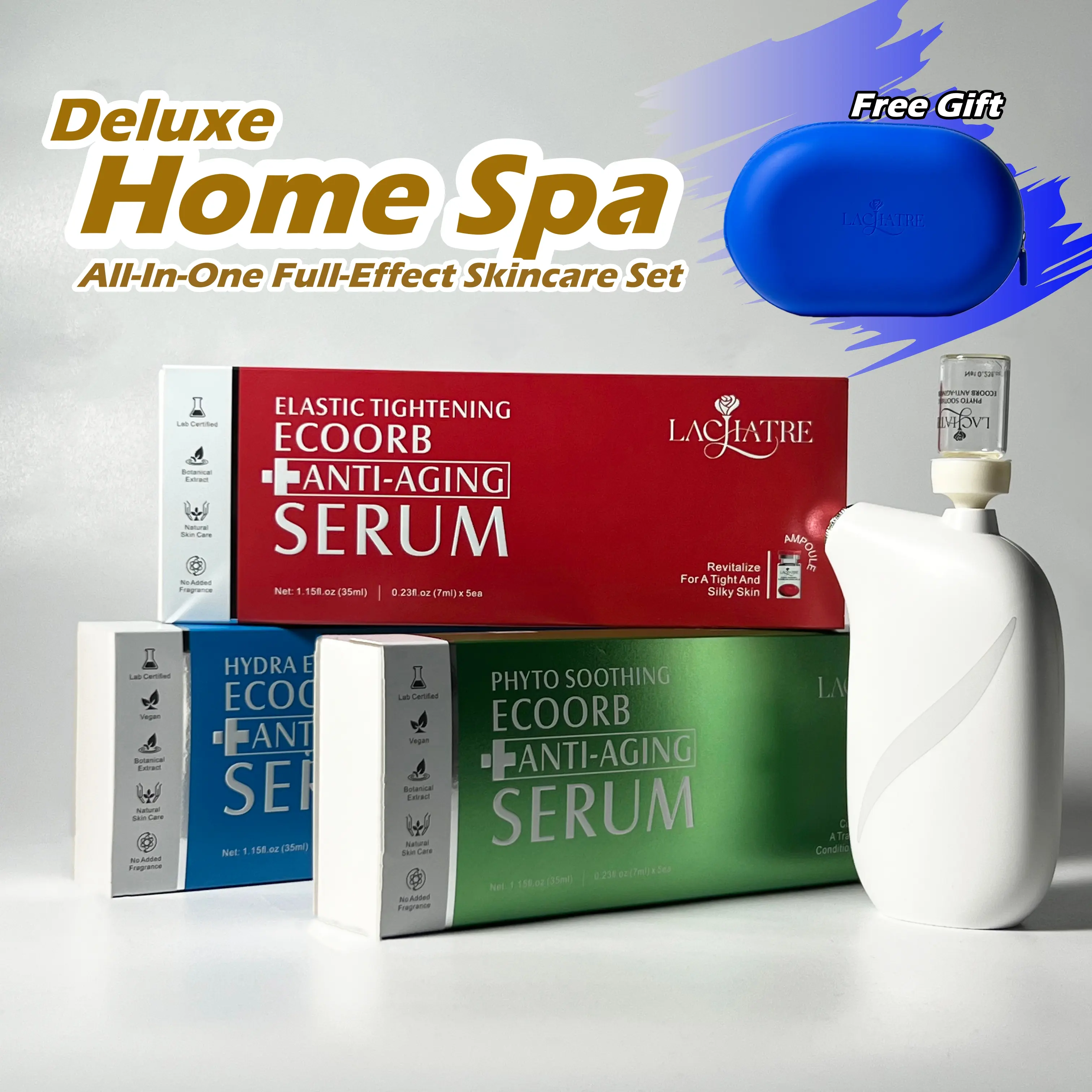 LACHATRE BEAUTY: Home Spa Deluxe Set Combine with EcoOrb Anti-Aging Serum & Nano-Mist & Nano Case with Niacinamide & Retinol & Centella Asiatica for Elasticity Enhancing Moisturizing Repairing Day & Night-time Skincare Hydrating Moisturizer K-Beauty