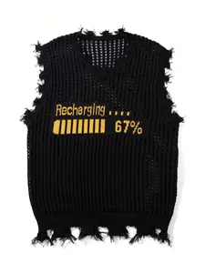 Printed Letter Street Style Unisex Sweater Vest, Casual Graphic Knit Top, Short Sleeve Loose Fit, Spring & Fall Fashion