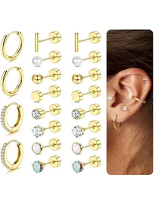 20 Pcs Hypoallergenic Surgical Steel Earrings for Sensitive Ears 20G 14K Gold Flat Back Earrings for Women Men-Small Earrings Flatback Stud Hoop Cartilage Earring Set for Multiple Piercing Studs Earrings