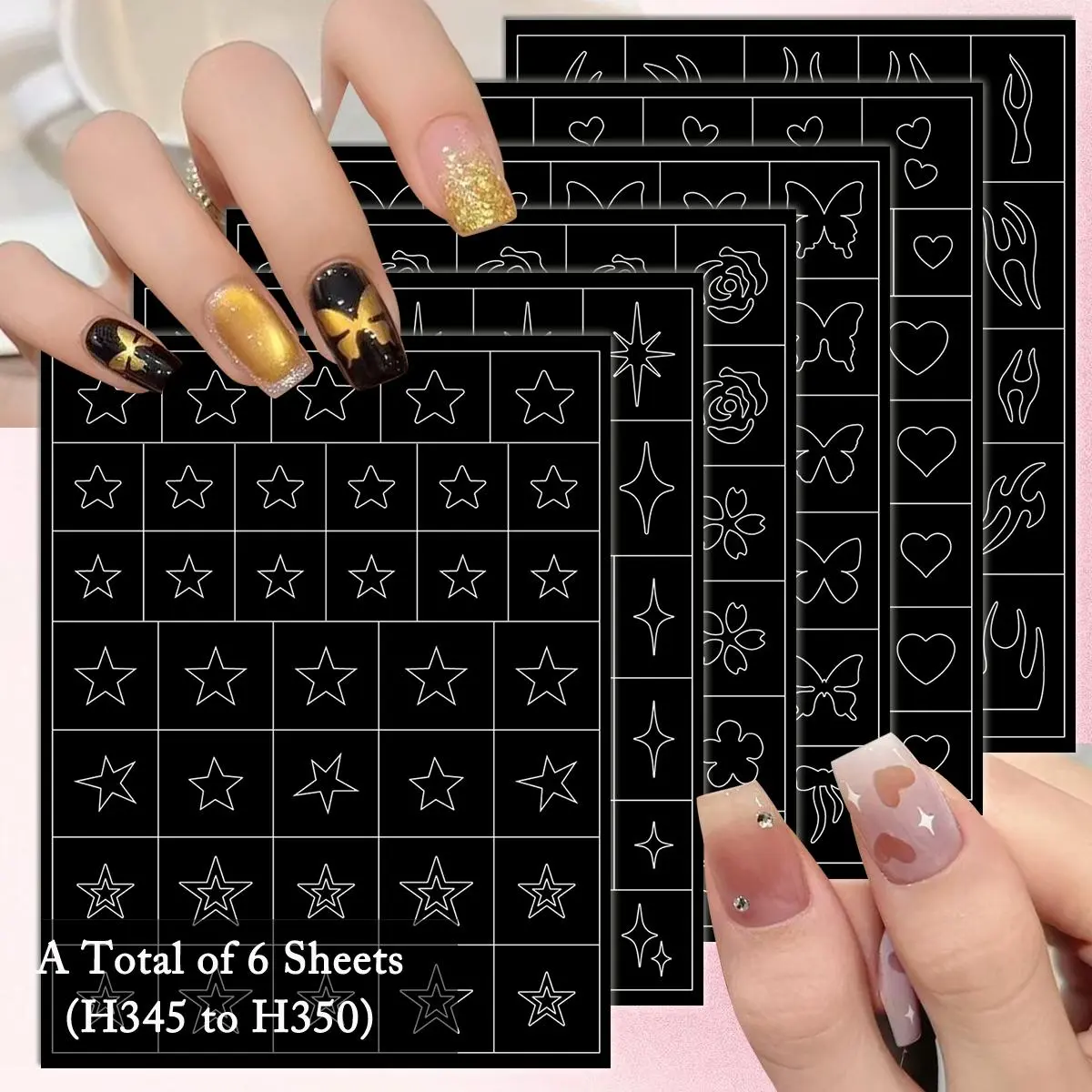 3 TO 24 Sheets Black White Nail Art Stencil Stickers, Star Heart Butterfly Flame Line Design Airbrush Nail Templates