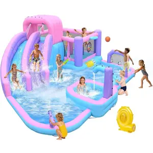 10-in-1 Kids' Inflatable Slide, 19.3Ft Giant Backyard Park with Dual Slides, Water Cannons, Deep Pool, Sports Zone (Ages 3-12) - Includes 850W Blower