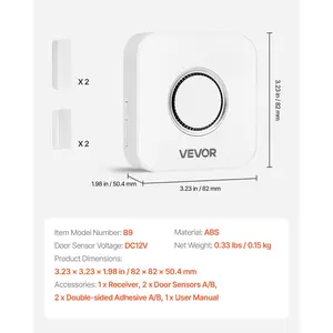 VEVOR Door Chime, DC 12V, Wireless Door Open Contact Sensor Alarm Chime with 656 ft Range, 58 Chimes 5 Adjustable Volume, Doors Ringer Alert for Business, Store, Home, Office When Entering