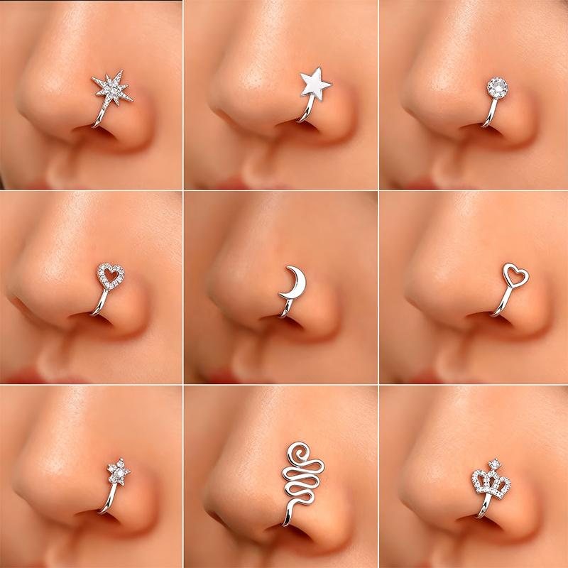 PolarEve 9pcs Non-Piercing Copper Nose Rings U Star Love Crown Zirconia Shapes Punk Rhinestone Clip-On Gold Nose Protection Bracelet Adjustable Jewelry Unisex