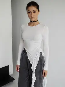 Side Pleated Asymmetrical Ruffle Long Sleeve Top, Layered Design, Irregular Ruffles, Slim Fit, Casual Style, Daily Wear