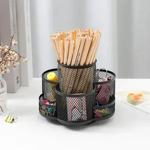 360-Degree Rotating Desk Organizer with 7 Compartments, Large Capacity Metal Mesh Pencil Holder, Non-Slip Feet, Available in //