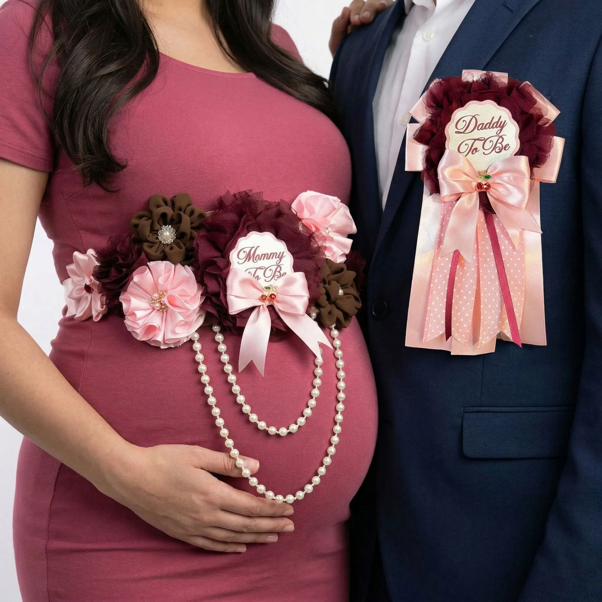 Burgundy and Pink Cherry Baby Shower Sash and Daddy-to-Be Pin Set