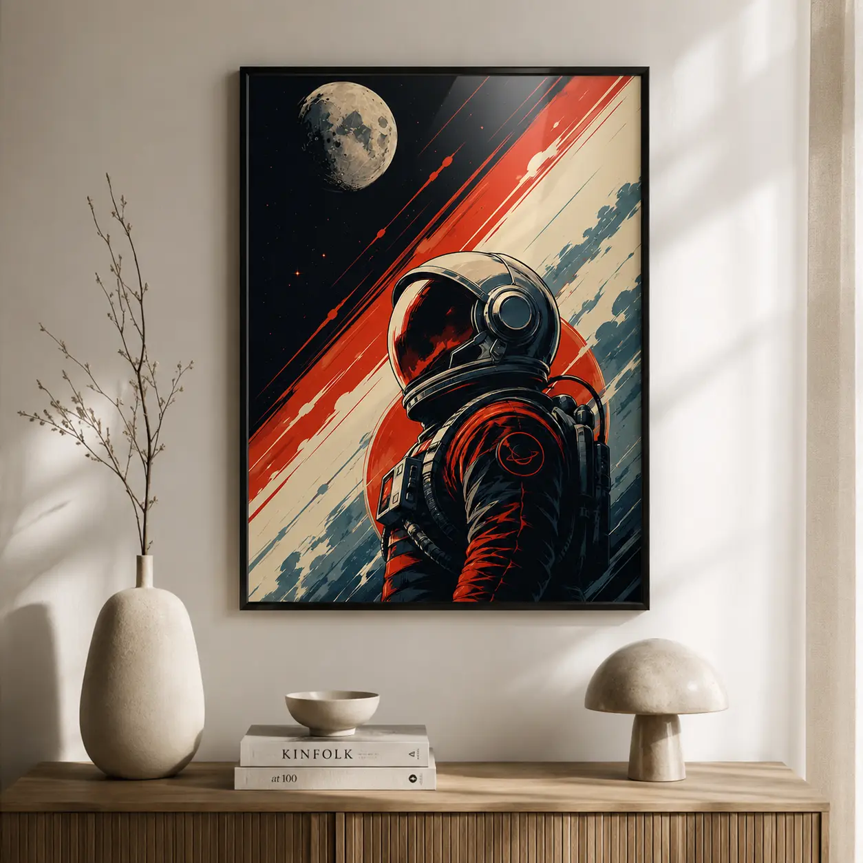 Retro Astronaut & Moon Space Poster – Sci-Fi Aesthetic Wall Art Print