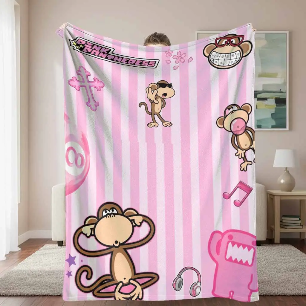 Y2K Cartoon Monkey Flannel Blanket Vibrant Pink Striped Aesthetic Pattern Ultra Soft Lightweight Cozy Breathable Microfiber Fleece Perfect for Bedroom Bedding Living Room Couch Throw Outdoor Travel Camping Nap Gift