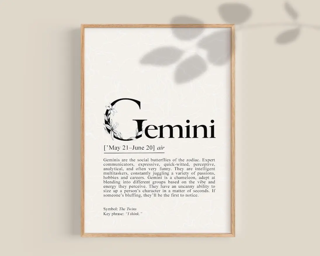 "Gemini Definition Print – Stylish Zodiac Wall Art & Home Decor – Perfect Gemini Gift, Astrology Gift, or Birthday Surprise for Gemini Lovers"