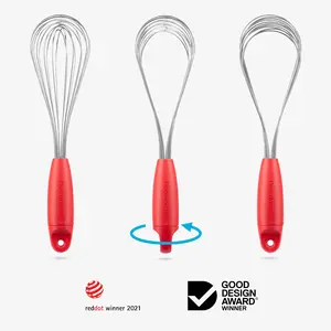 Dreamfarm Flisk 3-in-1 Fold-Flat, Space-Saving Baking & Cooking Balloon Whisk, Sauce Whisk & Flat Deglazing Whisk, Stainless Steel - 12" Red Egg Kitchen