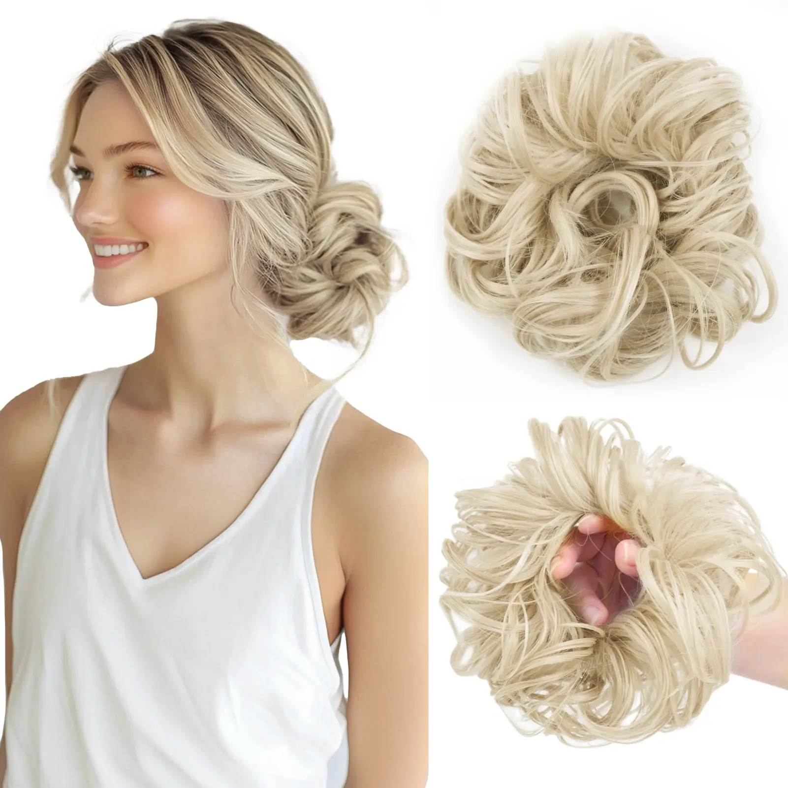 Vlasy Women's Synthetic Fiber Loose Wave Bulk Soft Wavy Curly Donut Messy Bun Hair Piece - 35g-55g, Fluffy Thick Updo Scrunchie, Volume Boost Elegant Chignon, Hair Extensions, Natural Ponytail Accessory (Summervibes)