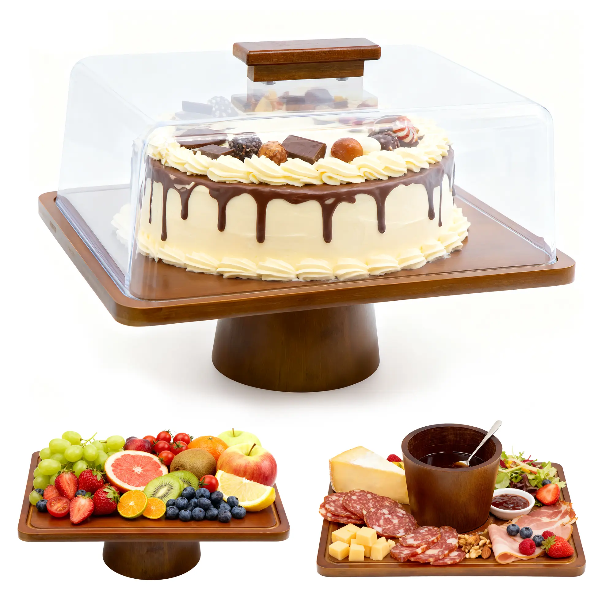 WELSTEEPSE Bamboo Wooden Cake Stand with Acrylic Lid, Eco-Friendly Kitchen Fruit Bowl & Food Storage Board, Multi-Functional Party Dessert Decoration Set, Mildew-Proof Birthday Gift