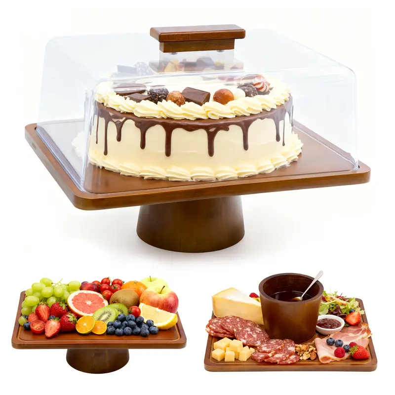 WELSTEEPSE Bamboo Wooden Cake Stand with Acrylic Lid, Eco-Friendly Kitchen Fruit Bowl & Food Storage Board, Multi-Functional Party Dessert Decoration Set, Mildew-Proof Birthday Gift