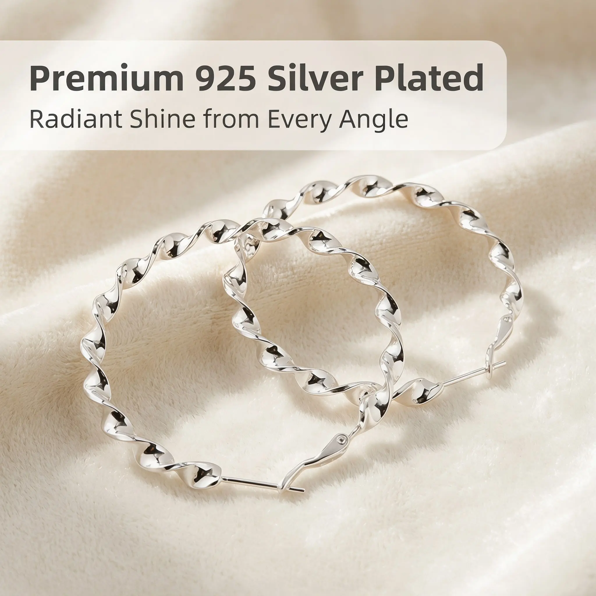925 Silver-Plated Large Twisted Hoop Earrings - 5cm x 5mm Size & Thickness, Hypoallergenic, Nickel-Free, Lead-Free, Tarnish-Resistant, Fade-Resistant, Timeless Versatile Design for Everyday Wear, Ideal Gift for Loved Ones, Earrings Jewelry, Spiral Twist