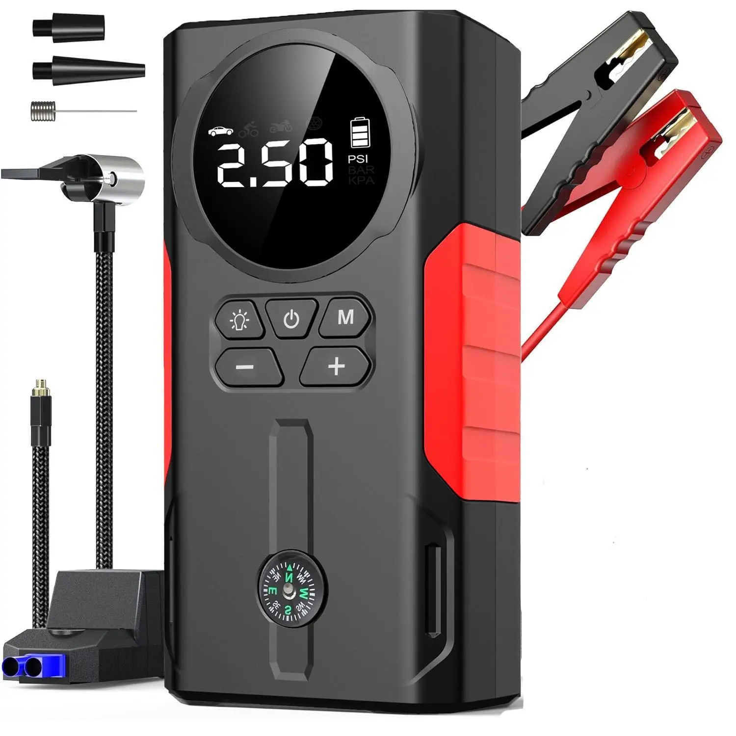 8000mAh Car Jump Starter with Air Compressor, Portable Tire Inflator, LCD Display, Smart Pressure Detection, Power Bank & 3-Mode LED Emergency Light