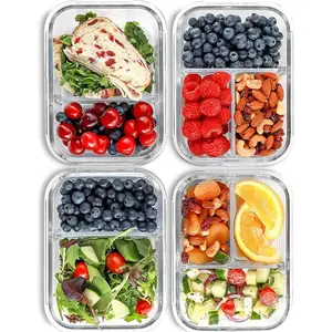 Glass Meal Prep Containers with 2 & 3 Compartments, Portion Control Lunch Container Set, Airtight Leak-Proof Lids, Oven & Freezer Safe Food Storage Bento Box, 32 oz Blue, 4 Pack