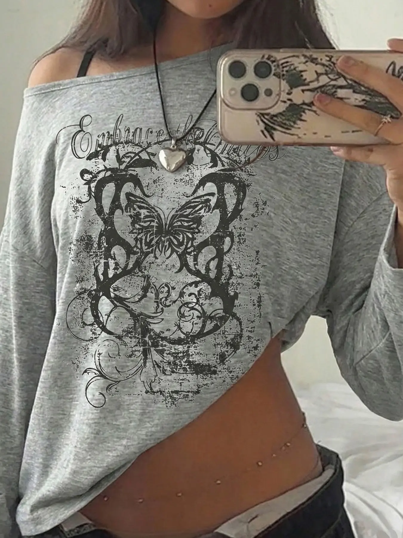 Women's Asymmetrical Neckline Butterfly Print Knit Shoulderless Long Sleeve Fitted T-Shirt, Y2K Street Style, Soft Casual Wear, Spring
