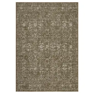 5 x 7 ft Taupe Polyester Rectangular Vintage Distressed Floral Print Area Rug, Machine Washable for Living Room, Bedroom