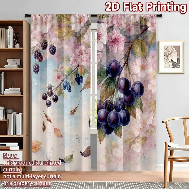 2 Piece Polyester 2D Print Plant Theme Curtains, Grape Flower Pattern Rod Pocket Drapes, Bedroom and Living Room Decor