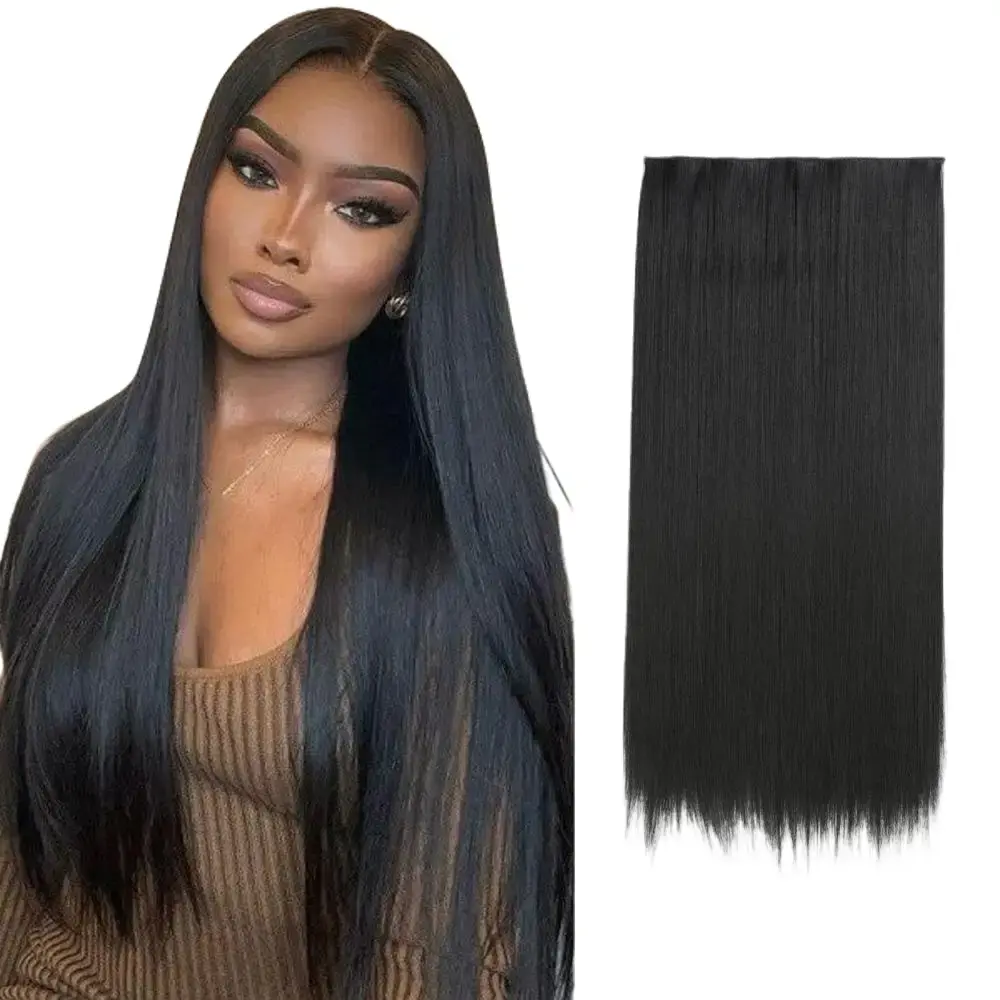 Women's Classic Glueless Heat Res Synthetic 5-Clip Long Straight Seamless Weft 1-Piece Female Hair Extensions for Casual Wear Volume Adding, 24 Inch Extensions, Polyester Pe