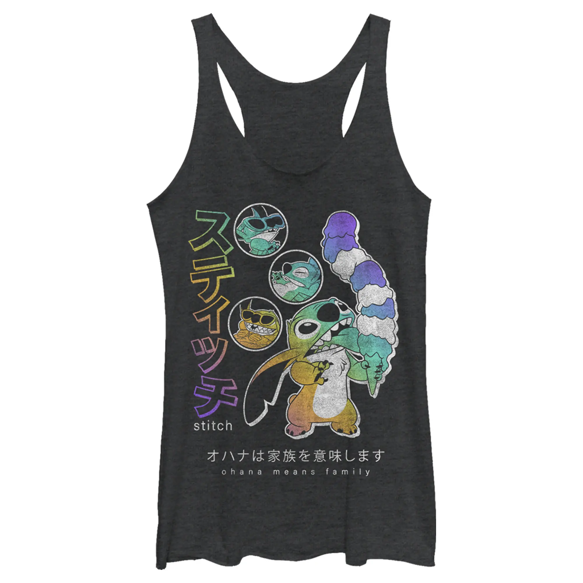 Women's Lilo & Stitch Ohana Means Family Rainbow Distressed Racerback Tank Top