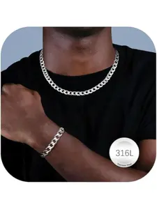 Men Sturdy Cuban Chain Necklace Bracelet Set 5/9mm Width, 18" 20" 22" Length, Silver Tone 316L Stainless Steel Mens Chain Necklace Bracelet for Boy Hip Hop Jewelry Men's Jewellery Fashionable Jewelry Set