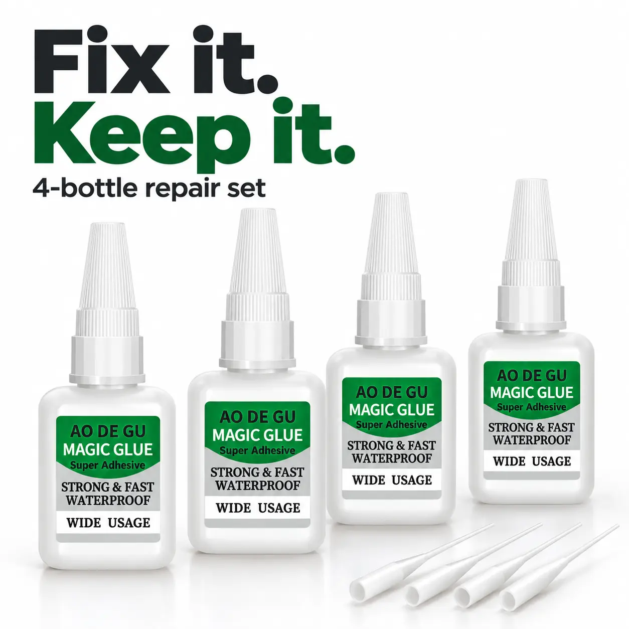 AO DE GU Super Glue 4 Pack - Fast-Setting Multipurpose Repair Adhesive with Fine Applicator Tips for Wood, Metal, Plastic, Rubber and Ceramic, Compact Bottles for Household Fixes and Everyday DIY Projects