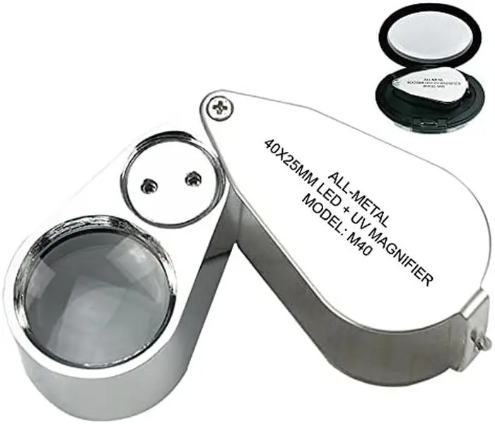 40X Jewelers Loupe with Light, UV Lighted Magnifying Glass Eye Loop, LED Illuminated Metal Pocket Magnifier for Jewelry, Currency, Plants, Coins, Diamonds, Stamps