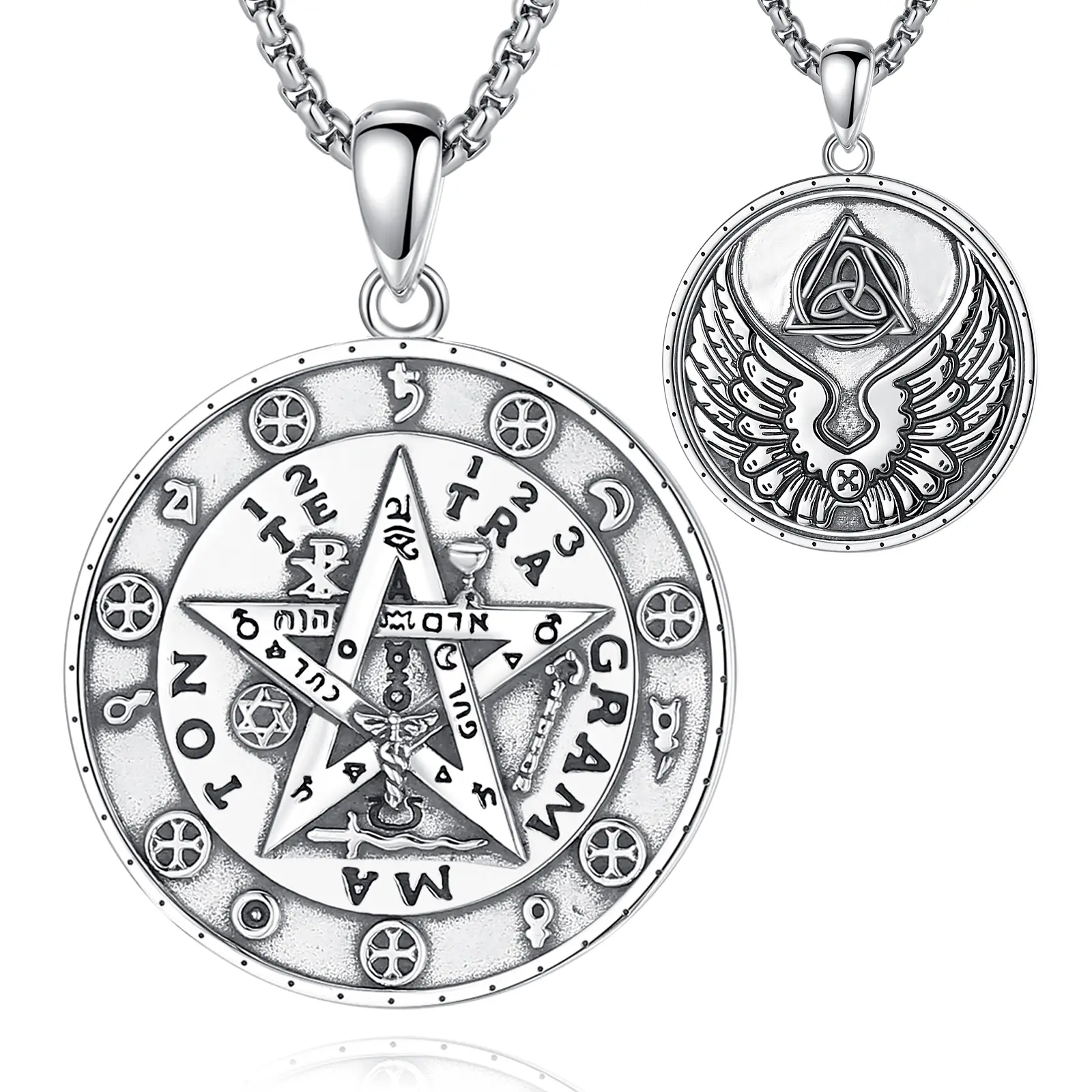 EUDORA Dual-Sided Tetragrammaton Necklace, 925 Sterling Silver Pendant with Planetary Seals & Angel Wing Trinity Symbol, YHWH Jewelry for Ritual Power