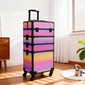 Rolling Makeup Train Case 4-In-1 Cosmetology Trolley On Wheels Nail Tech Cart For Travel Professional Cosmetic Vanity Case Lockable Storage Box PU Leather PURPLE