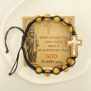 GODISS Inspirational Christian Cross Bracelet with Pine Wood Beads & Adjustable Black Rope Braiding-Jesus Blessing Card Included-Perfect for Baptism & Spiritual Gifts for boyfriend friendship