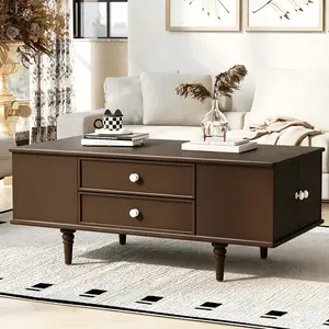 47.2" Rectangular Coffee Table with 4 Drawers and Hidden Storage, Large Wooden Farmhouse Center Table for Living Room, Small Space Organizer, Brown